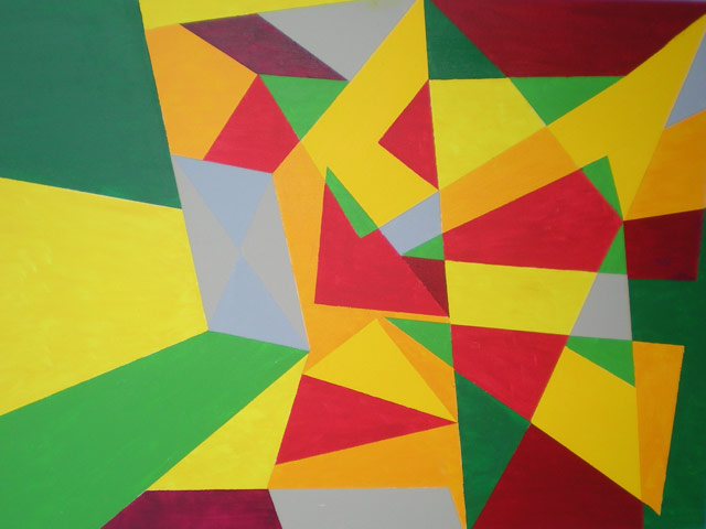 Abstract painting by Fred Laubi, geometric shapes in bright colours