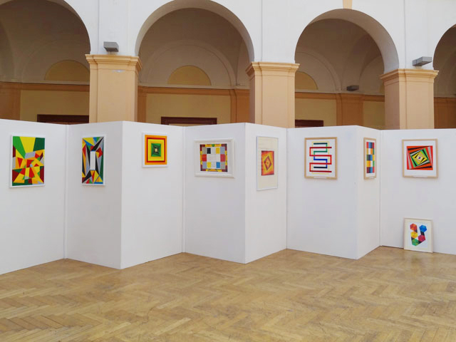 Paintings on display at an art fair